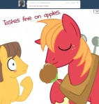 apple blue_eyes blush brown_hair candy candy_apple dessert duo eyes_closed feral food freckles fruit hair male orange_hair plant plow_yoke tongue tongue_out txlegionnaire friendship_is_magic hasbro my_little_pony tumblr big_macintosh_(mlp) caramel_(mlp) earth_pony equid equine horse mammal pony