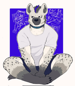 anthro clothing collar crossed_legs ear_piercing eyebrow_piercing facial_piercing grey_body looking_away male markings piercing shirt sitting solo spots spotted_body t-shirt topwear underwear dustifang arknights hypergryph studio_montagne spot_(arknights) hyena mammal spotted_hyena 2026 hi_res