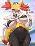 2024 3:4 alternative_fashion anthro big_breasts braixen breasts camel_toe canid canine clothed clothing dialogue digital_media_(artwork) english_text female fishnet_clothing fur generation_6_pokemon goth hat headgear headwear hi_res looking_at_viewer mammal nintendo pokemon pokemon_(species) presenting sana!rpg seductive smile solo tail text thick_thighs