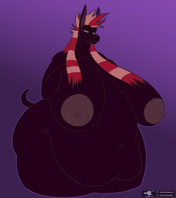 anthro areola belly belly_overhang big_breasts big_butt black_body breasts butt dotted_background eyelashes female gradient_background hair hand_on_breast huge_breasts huge_butt larger_female long_ears long_eyelashes long_hair looking_at_viewer multicolored_hair navel nipples overweight overweight_female pattern_background simple_background size_difference solo tail thick_thighs two_tone_hair wide_hips yellow_eyes rogero_(artist) egyptian_mythology middle_eastern_mythology mythology anubis anubian_jackal canid canine canis deity jackal mammal absurd_res hi_res watermark