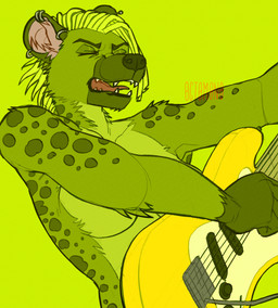 anthro breasts ear_piercing ear_ring electric_guitar eyes_closed female female_anthro guitar holding_guitar holding_musical_instrument holding_object inner_ear_fluff musical_instrument nude open_mouth piercing pink_inner_ear pink_inner_ear_fluff playing_guitar playing_music plucked_string_instrument red_tongue ring_piercing simple_background solo spotted_arms spotted_neck string_instrument tongue tuft 0ct0m0n0 hyena mammal green_theme hi_res restricted_palette