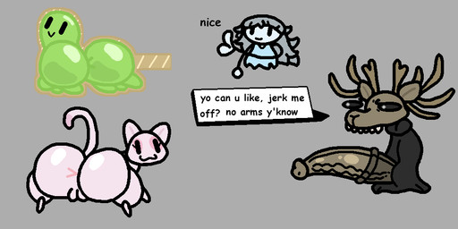 all_fours ambiguous_gender antlers big_butt big_penis brown_body butt clothing dialogue fangs female genitals gesture glistening glistening_body glistening_butt green_body group hand_gesture horn huge_butt huge_penis limbless long_penis male penis pink_body robe simple_background tail teeth text thick_thighs thumbs_up nxyitn spooky's_jump_scare_mansion specimen_1 specimen_8 spooky_(sjm) the_cat_(shojs) deer felid feline ghost goo_creature mammal spirit english_text