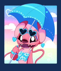 4_fingers antennae_(anatomy) anthro blue_bra blue_bracelet blue_clothing blue_underwear bra bracelet bubble chest_markings claws clothing cloud ear_markings ear_piercing eyewear female finger_claws fingers happy heart-shaped_sunglasses heart_bubble heart_symbol holding_parasol jewelry long_antennae markings open_mouth open_smile parasol piercing pink_body pupils purple_claws purple_eyes purple_finger_claws purple_markings purple_nose rainbow rainbow_background sharp_teeth simple_background smile solo sparkles sunglasses teeth underwear white_markings white_pupils ryuko_rose disney lilo_and_stitch angel_(lilo_and_stitch) alien experiment_(lilo_and_stitch) 2025 absurd_res alpha_channel digital_drawing_(artwork) digital_media_(artwork) hi_res