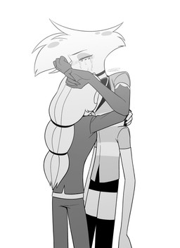 4_arms anthro bodily_fluids clothed clothing crying duo female hug larger_male male multi_arm multi_limb size_difference smaller_female tears enaic31 hazbin_hotel hellaverse angel_dust charlie_morningstar arachnid arthropod demon demon_humanoid humanoid spider absurd_res hi_res monochrome