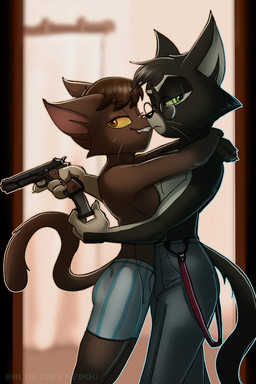 anthro black_body bottomwear brown_body clothed clothing duo green_eyes gun hug hugging_another loading_gun looking_at_viewer male pants partially_clothed ranged_weapon simple_background suspender_straps topless topless_male underwear underwear_only weapon yellow_eyes bluecoffeedog lackadaisy mordecai_heller reuben_pepper domestic_cat felid feline felis mammal 2:3 hi_res