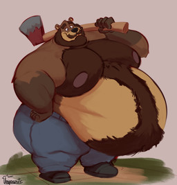 anthro axe beard belly belly_tuft blue_bottomwear blue_clothing blue_jeans blue_pants bottomwear brown_body brown_fur clothed clothing denim denim_bottomwear denim_clothing eyebrows facial_hair footwear fur holding_axe holding_object jeans male morbidly_obese multicolored_body mustache nipples obese obese_anthro outside overweight overweight_anthro overweight_male pants pupils shoes solo thick_eyebrows topless tuft white_sclera uniparasite bear mammal absurd_res hi_res signature