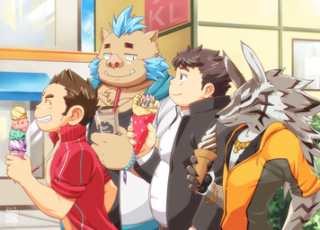 anthro belly clothing countershading cute_fangs dessert eyes_closed fangs food group ice_cream kemono male outside overweight overweight_male shirt teeth topwear yukimushi6 lifewonders tokyo_afterschool_summoners chubby_protagonist_(tas) ganglie_(tas) hanuman_(tas) protagonist_(tas) seth_(tas) canid canine canis haplorhine human jackal mammal monkey primate suid suine sus_(pig) wild_boar 2020 hi_res