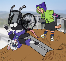 2_missing_limbs amputee anthro clothed clothing disability duo fur hair holding_object holding_skateboard hoodie male missing_all_legs open_mouth outside skateboard tail topwear trick vehicle wheelchair gemerency felid feline mammal mouse murid murine rodent