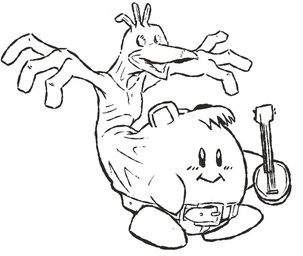ambiguous_gender banjo_(instrument) beak belt cosplay cursed_image duo hair holding_object musical_instrument nightmare_fuel plucked_string_instrument simple_background smile string_instrument vore what what_has_science_done white_background why rubberross banjo-kazooie kirby_(series) nintendo rareware banjo_(banjo-kazooie) kazooie kirby avian bird waddling_head 2019 absurd_res hi_res
