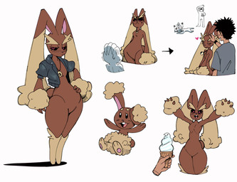 4_fingers anthro arm_tuft blush blush_lines brown_body brown_fur clothing dessert duo eyebrows female fingers food fur hand_on_head headpat hip_sway ice_cream jacket jewelry leather leather_clothing leather_jacket leather_topwear long_ears long_eyebrows male male/female necklace open_mouth smile tail tan_body tan_ears tan_fur thick_thighs topwear tuft wide_hips c0cobeanz nintendo pokemon buneary generation_1_pokemon generation_4_pokemon human lagomorph lopunny machop mammal pokemon_(species) absurd_res hi_res