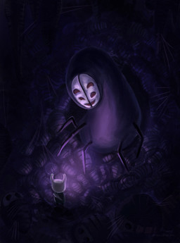 2_horns 4_eyes ambiguous_gender biped cloak clothing detailed_background duo horn looking_at_another mask melee_weapon multi_eye nail_(weapon) standing weapon weapon_on_back venedetti hollow_knight_(franchise) team_cherry midwife_(hollow_knight) the_knight_(hollow_knight) arthropod vessel_(species) 2025 absurd_res hi_res female_(lore)