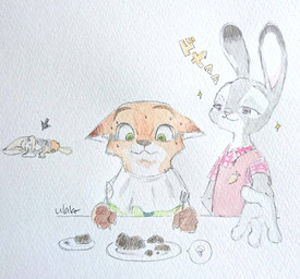 anthro apron black_nose bodily_fluids clothing cutlery ears_down food fork fur furniture green_eyes grey_body grey_fur group kitchen_utensils knife orange_body orange_fur pivoted_ears plate simple_background sitting sparkles sweat sweatdrop table tools white_background white_body white_fur ulako disney zootopia judy_hopps nick_wilde canid canine fox lagomorph leporid mammal rabbit red_fox true_fox hi_res painting_(artwork) traditional_media_(artwork) traditional_painting_(artwork) traditional_watercolor_(artwork) watercolor_(artwork)