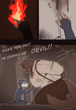3_panel_comic anthro big_muscles big_pecs blood blood_from_mouth blood_in_mouth blood_on_arm blood_on_face bodily_fluids clothed clothed/nude clothing duo exclamation_point huge_pecs male muscular muscular_anthro muscular_male nude pecs pitchfork purple_eyes tail text tools topwear wounded king_slabu adrian_(king_slabu) background_character nolan_(king_slabu) american_opossum canid canine canis domestic_dog mammal marsupial spirit virginia_opossum absurd_res comic digital_media_(artwork) english_text hi_res