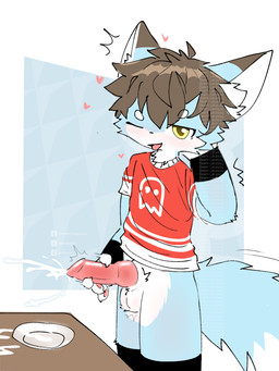 4_fingers animal_genitalia animal_penis anthro ball_tuft balls belly blue_body blue_fur blush bodily_fluids brown_hair canine_genitalia canine_penis claws clothed clothing cum cum_on_plate cum_on_table cumshot ejaculation erection fingers fox_ears fox_tail fur furniture genital_fluids genitals hair heart_symbol knot knotted_penis leaking_precum legwear looking_at_viewer male one_eye_closed open_mouth pantsless paws penetration penile penis plate precum question_mark red_clothing red_shirt red_topwear shirt simple_background solo standing stockings table tail thigh_highs tongue tongue_out topwear tuft white_belly white_body white_fur white_inner_ear wristband yellow_eyes bikabe3m okasui_(bikabe3m) canid canine canis fox mammal 2026 digital_media_(artwork) watermark