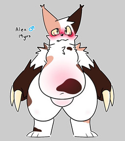 anthro big_butt black_eyewear black_glasses black_nose blush brown_body brown_ears brown_fur butt claws eyewear fangs featureless_crotch front_view fur gender_symbol glasses hair huge_thighs male male_symbol mismatched_ears multicolored_body multicolored_fur overweight overweight_anthro overweight_male sharp_teeth solo standing symbol teeth text thick_thighs white_body white_claws white_fur white_hair yellow_eyes rydryd nintendo pokemon alex_(rydryd) fan_character generation_3_pokemon pokemon_(species) zangoose 2026 character_name digital_media_(artwork)