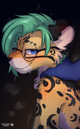 bedroom_eyes blush bodily_fluids eyewear glasses looking_at_viewer male narrowed_eyes scar seductive smug sweat snowstormbat felix_(roadd) cheetah felid feline mammal 5:8 absurd_res hi_res