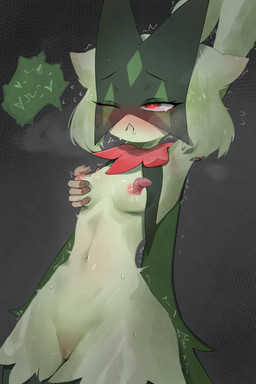 anthro armpit_fetish blush bodily_fluids breast_curtains breasts disembodied_tongue drooling female genitals licking nipple_fetish nipple_lick nipple_play nipples saliva small_breasts solo sweat sweatdrop tongue twitching vulva moccimew nintendo pokemon generation_9_pokemon meowscarada pokemon_(species) 2:3 absurd_res hi_res
