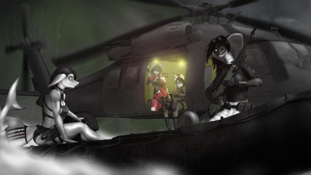 aircraft anthro female group helicopter male military raining vehicle pequod_vl aquatic felid feline fish lynx mammal reptile scalie shark snake 16:9 4k absurd_res hi_res widescreen