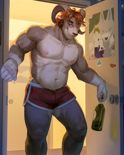 anthro areola beer_bottle biceps bottle bottomwear bubble clothing container deltoids doorway drunk drunk_bubble eyebrows hair horn inside male male_anthro musclegut muscular muscular_anthro muscular_male navel nipples pecs poster shorts solo standing stocky substance_intoxication trapezius v-cut chonkyjohn bovid caprine mammal sheep digital_drawing_(artwork) digital_media_(artwork) hi_res