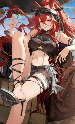 belt bottomwear breasts clothing day female footwear hair hat headgear headwear high_heels looking_at_viewer navel red_eyes red_hair shoes shorts sitting smile solo hongbaise_raw arknights hypergryph studio_montagne narantuya_(arknights) animal_humanoid equid equid_humanoid humanoid mammal mammal_humanoid 2024 absurd_res hi_res