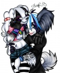 alternative_fashion anthro blue_eyes bottomwear bracelet clothing duo female glamfur jewelry male purple_eyes rainbow shirt shorts simple_background tail topwear white_background zeriara pupcake canid canine canis domestic_dog mammal 2003 low_res