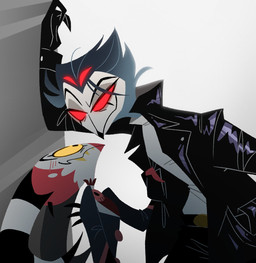anthro blush blush_lines bottomwear clothing duo fur grey_body grey_fur grey_hair hair horn hovering jacket leather leather_clothing leather_jacket leather_topwear looking_down looking_up male male/male pants red_eyes short_hair simple_background smile topwear wall_(structure) white_background white_face yellow_eyes satorrotas hellaverse helluva_boss blitzo_(helluva_boss) stolas_(helluva_boss) avian avian_demon bird demon imp owl owl_demon hi_res