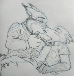 anthro black_ear_tips blush cheek_tuft chest_tuft clothing dipstick_ears duo ear_markings eyes_closed facial_tuft kissing male male/male multicolored_ears necktie pulling_tie shirt shirt_pocket sweater topwear tuft whiskers adrik_lizaman disney zootopia nick_wilde pawbert_lynxley canada_lynx canid canine felid feline fox lynx mammal red_fox true_fox hi_res monochrome traditional_media_(artwork)