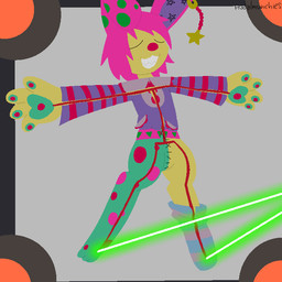 accessory ambiguous_gender anthro clothed clothing ear_piercing ear_ring eyes_closed footwear fur fur_markings gore hair laser machine markings multicolored_body multicolored_fur pawpads paws piercing pink_hair ring_piercing sharp_teeth smile socks solo spots spotted_body spotted_fur stitch_(sewing) teeth torture torture_device turquoise_body wound_on_arm wound_on_leg wound_on_torso wounded yellow_body yellow_fur conditional_dnp funnyfaemeat fukouna_shoujo_03 stomach_book caroline_(stomach_book) lagomorph leporid mammal rabbit 1:1 2025 digital_drawing_(artwork) digital_media_(artwork) lineless pixel_(artwork) signature