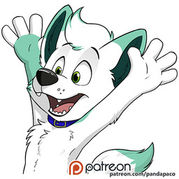 anthro black_nose blue_collar cheering collar dipstick_tail fangs fur glistening glistening_eyes green_eyes happy male markings nude open_mouth open_smile patreon_logo red_tongue simple_background smile solo tail tail_markings teal_markings teal_tail teeth text tongue white_background white_body white_fur white_tail young young_anthro young_male pandapaco patreon canid canine mammal 1:1 url