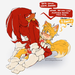 2_tails anal anal_penetration animal_genitalia animal_penis anthro anthro_on_anthro anthro_penetrated anthro_penetrating anthro_penetrating_anthro balls bangs biped blue_eyes bluesky_handle blush bodily_fluids clothing cowgirl_position cum cum_in_ass cum_inside cum_on_face dialogue duo erection footwear from_front_position fur genital_fluids genitals gloves handwear jewelry male male/male male_anthro male_penetrated male_penetrating male_penetrating_male mostly_nude_anthro mostly_nude_male multi_tail on_bottom on_top orange_body orange_fur penetration penile penile_penetration penis penis_in_ass purple_eyes red_body red_fur sex simple_background socks speech_bubble spines sweat tail tan_body tan_fur text twitter_handle vein veiny_penis white_background white_clothing white_footwear white_gloves white_handwear white_socks young relatedturtles sega sonic_the_hedgehog_(series) knuckles_the_echidna miles_prower canid canine echidna fox mammal monotreme 1:1 2025 artist_name digital_media_(artwork) english_text hi_res url