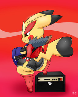 amplifier anthro anthrofied big_breasts big_butt boots bottomwear breasts butt cleft_tail clothing cosplay_pikachu_(costume) electric_guitar female footwear fur guitar heart_tail jacket looking_at_viewer looking_back musical_instrument plucked_string_instrument pokemorph shoes shorts shortstack shortstack_female simple_background smile solo speaker string_instrument tail thick_thighs topwear yellow_body yellow_fur kirbot12 nintendo pokemon cosplay_pikachu_(character) pikachu_rock_star generation_1_pokemon mammal pikachu pokemon_(species) rodent 2015