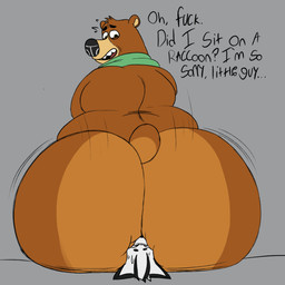 anthro apology big_butt black_nose brown_body brown_eyes brown_fur butt butt_focus countershade_butt countershading dialogue duo facesitting fur green_kerchief green_neckerchief grey_background grey_body grey_fur huge_butt kerchief looking_back male male/male neckerchief neckwear nub_tail profanity rear_view simple_background sitting sitting_on_another size_difference tail text nabb-kun mating_season_(series) josh_(mating_season) nabb_(nabb-kun) bear brown_bear grizzly_bear mammal procyonid raccoon ursine 1:1 2026 absurd_res colored digital_drawing_(artwork) digital_media_(artwork) english_text hi_res
