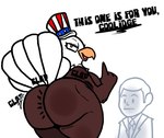 anthro big_butt brown_body butt clapping clothing dialogue duo female gesture hand_gesture hat headgear headwear looking_at_another looking_at_viewer narrowed_eyes open_mouth pointing pointing_up simple_background standing suit thick_thighs top_hat white_background yellow_eyes lewdewott american_eagle calvin_coolidge accipitrid accipitriform avian bald_eagle bird eagle human mammal sea_eagle 2024 digital_drawing_(artwork) digital_media_(artwork) hi_res