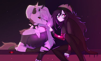 5_fingers anthro arm_warmers armwear beak black_beak black_hair black_nose bottomwear breasts cigarette cleavage clothed clothing collar duo ear_piercing female fingers fire fur grey_body grey_fur grey_hair hair inner_ear_fluff magic multicolored_body multicolored_fur notched_ear pants piercing shirt sitting smoking tail topwear tuft white_eyes white_inner_ear_fluff iam3d hellaverse helluva_boss mythology loona_(helluva_boss) octavia_(helluva_boss) avian bird canid canid_demon canine demon hellhound mammal mythological_canine mythological_creature owl owl_demon hi_res shaded