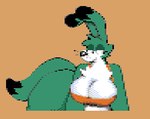 anthro big_breasts black_body black_fur black_markings black_nose breasts cheek_tuft chest_tuft cleavage clothed clothing dipstick_ears dipstick_tail dithering ear_markings facial_tuft female fur green_body green_fur half-closed_eyes long_ears markings multicolored_ears narrowed_eyes orange_background orange_clothing orange_topwear simple_background skimpy solo tail tail_markings topwear tuft whiskers wide_hips sofmallow bomberman hudson_soft konami lagomorph louie_(bomberman) macropod mammal marsupial 2023 aliasing digital_media_(artwork) low_res pixel_(artwork)