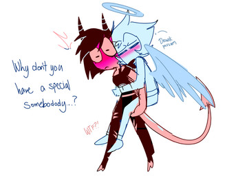 blue_body blush carrying_another duo feathered_wings feathers female hair halo horn male piggyback red_body simple_background spade_tail tail text wings emositecc hellaverse helluva_boss millie_(helluva_boss) moxxie_(helluva_boss) angel angel_humanoid demon demon_humanoid humanoid imp colored english_text restricted_palette