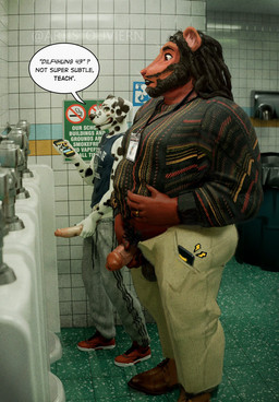 age_difference anthro balls bathroom big_penis body_hair bottomwear circumcised clothing dialogue dreadlocks dryer duo electronics erection eyewear facial_hair floor genitals glasses hairy_balls hand_dryer holding_object holding_penis holding_phone humanoid_genitalia humanoid_penis id_card imminent_peeing imminent_urine inside khaki_pants long_penis male pants penis phone pubes public_restroom ring shirt sign size_difference slightly_chubby smile speech_bubble standing student sweater sweatpants tank_top teacher teacher_and_student text thick_penis tile tile_floor tile_wall topwear urinal wall_(structure) whiskers littleoliviern grindr jabari_king oliviern_(character) canid canine canis dalmatian domestic_dog herpestid mammal mongoose english_text hi_res