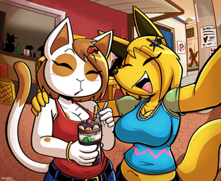 acai_berry anthro belt big_breasts black_belt black_body black_fur black_inner_ear blonde_hair blue_bottomwear blue_clothing blue_jeans blue_pants blue_shirt blue_topwear blush bottomwear breasts brown_body brown_fur brown_hair brown_spots cleavage clothed clothing denim denim_bottomwear denim_clothing dessert dipstick_tail duo_focus eyes_closed female food fur grey_clothing grey_shirt grey_topwear group hair hug ice_cream jeans markings midriff no_parking_sign open_mouth outside pants red_clothing red_shirt red_tank_top red_topwear shirt smile spots spotted_body spotted_fur tail tail_markings taking_picture taking_selfie tank_top topwear white_body white_fur yellow_body yellow_fur felino carina_(felino) christie_(felino) canid canine domestic_cat felid feline felis fox mammal 2026 absurd_res hi_res sibling_(lore) sister_(lore) sisters_(lore)