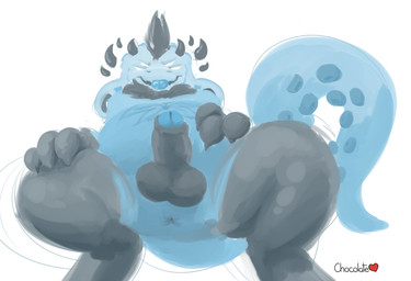 anthro anus blue_body crotch_shot crouching genitals horn humanoid_genitalia humanoid_penis low-angle_view male multi_eye neck_tuft penis solo tail tuft chocolatekitsune monster signature sketch
