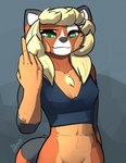 abs anthro athletic athletic_female black_body black_fur blonde_hair bottomless bottomless_anthro bottomless_female chest_tuft clothed clothing female flipping_viewer_off fur gesture green_eyes grey_background hair hand_gesture looking_at_viewer middle_finger orange_body orange_fur simple_background tan_body tan_fur tuft white_body white_fur feretta morgan_laranda ailurid mammal red_panda 2024 half-length_portrait hi_res portrait