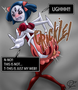 bodily_fluids embarrassed feces female pooping soiling soiling_panties solo sweat text 1cho1ri undertale undertale_(series) muffet arachnid arthropod spider english_text hi_res