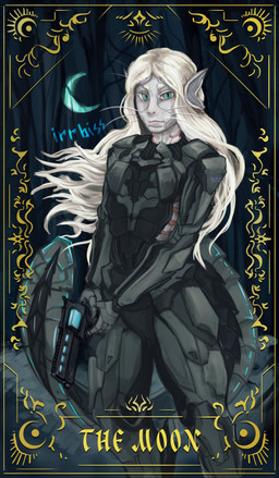 ambiguous_gender anthro armor blue_eyes butterfly_ears card clothing exosuit gauntlets gills gloves gun hair handgun handwear holding_gun holding_handgun holding_object holding_ranged_weapon holding_revolver holding_weapon irrbiss major_arcana ranged_weapon revolver solo tarot tarot_card the_moon_(tarot) weapon white_body white_hair white_skin voices_of_the_void merit_tavol_(unfaithful_retribution) ariral absurd_res hi_res herm_(lore) intersex_(lore)