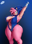 anthro big_breasts blue_clothing breasts camel_toe clothing female front_view gloves green_eyes handwear looking_at_viewer one_eye_closed smile solo teeth thick_thighs vein veiny_breasts white_clothing white_gloves white_handwear wink blu_rent sega sonic_the_hedgehog_(series) amy_rose absurd_res alpha_channel hi_res