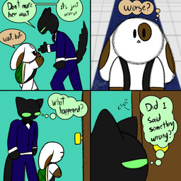 anthro backpack clothing dialogue duo green_eyes grey_body long_ears male male/male speech_bubble suit teeth white_body chefrens sqwishi_(chefrens) domestic_cat felid feline felis lagomorph mammal 1:1 comic hi_res