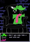 anthro blush blush_lines brick_wall chair clothing dialogue eyewear fur furniture gesture glasses green_clothing hand_gesture male on_chair pointing pointing_down robe scarf sitting sitting_on_chair smile smirk solo spread_legs spreading text text_box tucked_legs wall_(structure) mii2sii pokesiimii deltarune undertale_(series) ralsei bovid caprine darkner goat mammal 2022 english_text