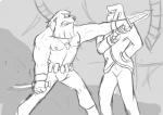 anthro bodily_fluids clothed clothing dagger duo exhausted knife male melee_weapon nipples open_mouth smile standing sweat teeth topless weapon hickeybickeyboo cartoon_network dexter's_laboratory dial_m_for_monkey huntor simion 2013 greyscale monochrome