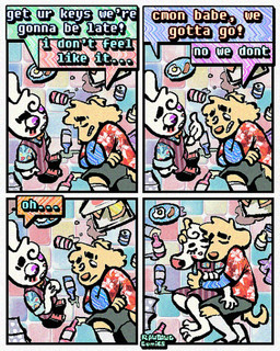 4_panel_comic aloha_shirt anthro bottomwear clothing dialogue duo ears_down eyes_closed flip_flops floor floppy_ears footwear fur half-closed_eyes humor lying_on_ground male narrowed_eyes on_ground overalls pattern_clothing pattern_shirt pattern_topwear pivoted_ears sandals shirt shoes shorts sneakers socks speech_bubble teeth text tooth_gap topwear white_body white_fur wide_eyed yellow_body yellow_fur rawdawgcomics bingus_(rawdawgcomics) stahli_(rawdawgcomics) bird_dog canid canine canis domestic_dog golden_retriever hunting_dog lagomorph leporid mammal rabbit retriever 4:5 comic english_text hi_res