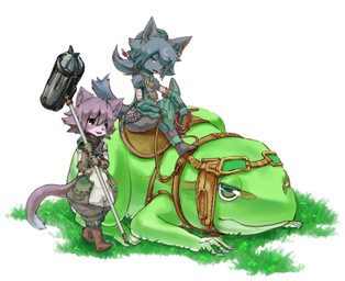 anthro blue_eyes blush clothed clothing female feral grass group hammer maul mount outside plant riding saddle straddling tail tools yoona amphibian domestic_cat felid feline felis frog mammal digital_media_(artwork)
