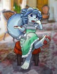 4_fingers 4_toes anthro blue_body blue_eyes blue_fur blue_hair clothing crossed_legs digitigrade dress feet female fingers fur hair pawpads paws princess red_pawpads royalty sitting solo toes doopnoop_(artist) yu-gi-oh! fairy_tail-rella canid canine duel_monster mammal hi_res