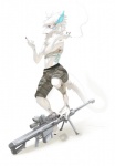 bandage blood blue_eyes bodily_fluids bottomwear camo cigarette claws clothing gesture gun hand_gesture looking_at_viewer male markings middle_finger ranged_weapon rifle scope shorts simple_background smoke smoking sniper_rifle solo tail weapon white_background lingrimm mammal sergal 2011 hi_res